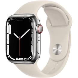 Apple Watch (Series 7) GPS + Cellular 45 mm - Rostfreier Stahl Grau - Sportarmband Weiß