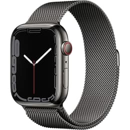 Apple Watch (Series 7) GPS 45 mm - Rostfreier Stahl Schwarz - Milanaise Armband Grau