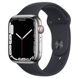 Apple Watch (Series 7) 2021 GPS + Cellular 45 mm - Rostfreier Stahl Silber - Sportarmband Schwarz