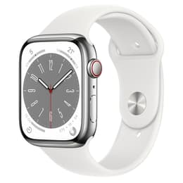 Apple Watch (Series 8) 2022 GPS + Cellular 45 mm - Rostfreier Stahl Silber - Sportarmband Weiß