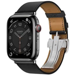 Apple Watch (Series 7) 2021 GPS 45 mm - Rostfreier Stahl Space Grau - Lederarmband mit Endstück Schwarz