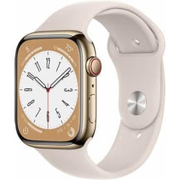 Apple Watch (Series 8) 2022 GPS + Cellular 45 mm - Rostfreier Stahl Gold - Sportarmband Weiß