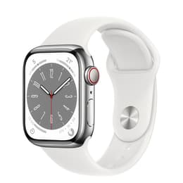 Apple Watch (Series 8) 2022 GPS 45 mm - Rostfreier Stahl Silber - Sportarmband Weiß