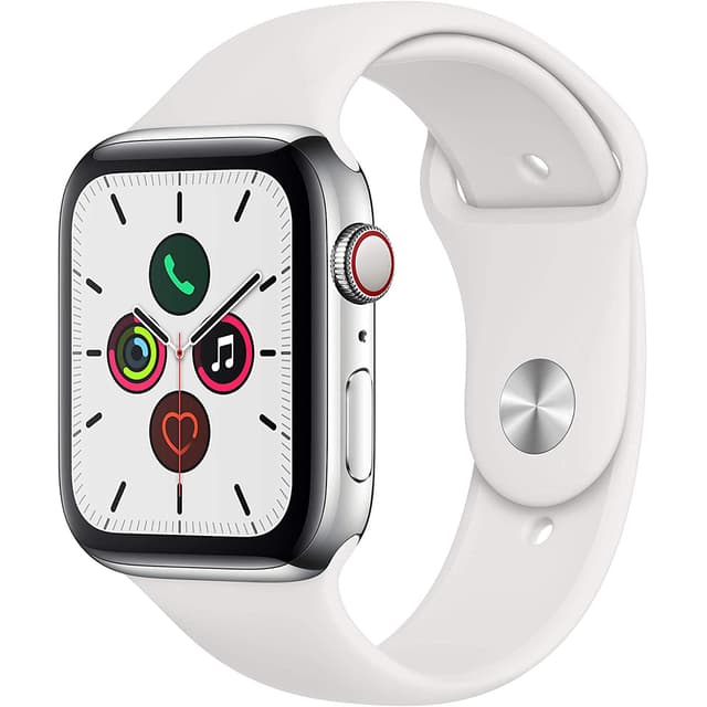 Apple Watch (Series 5) September 2019 44 mm - Rostfreier Stahl Silber - Armband Sportarmband Weiß
